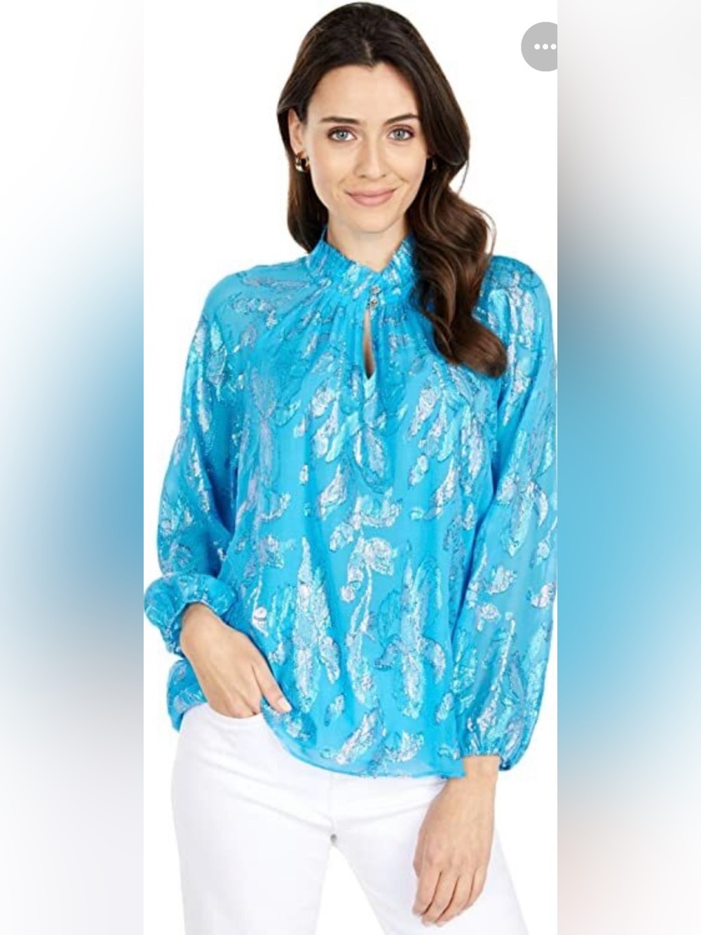 NWT Lilly Pulitzer “Galiana” Aqua Blue Metallic Print Silk Blouse XS